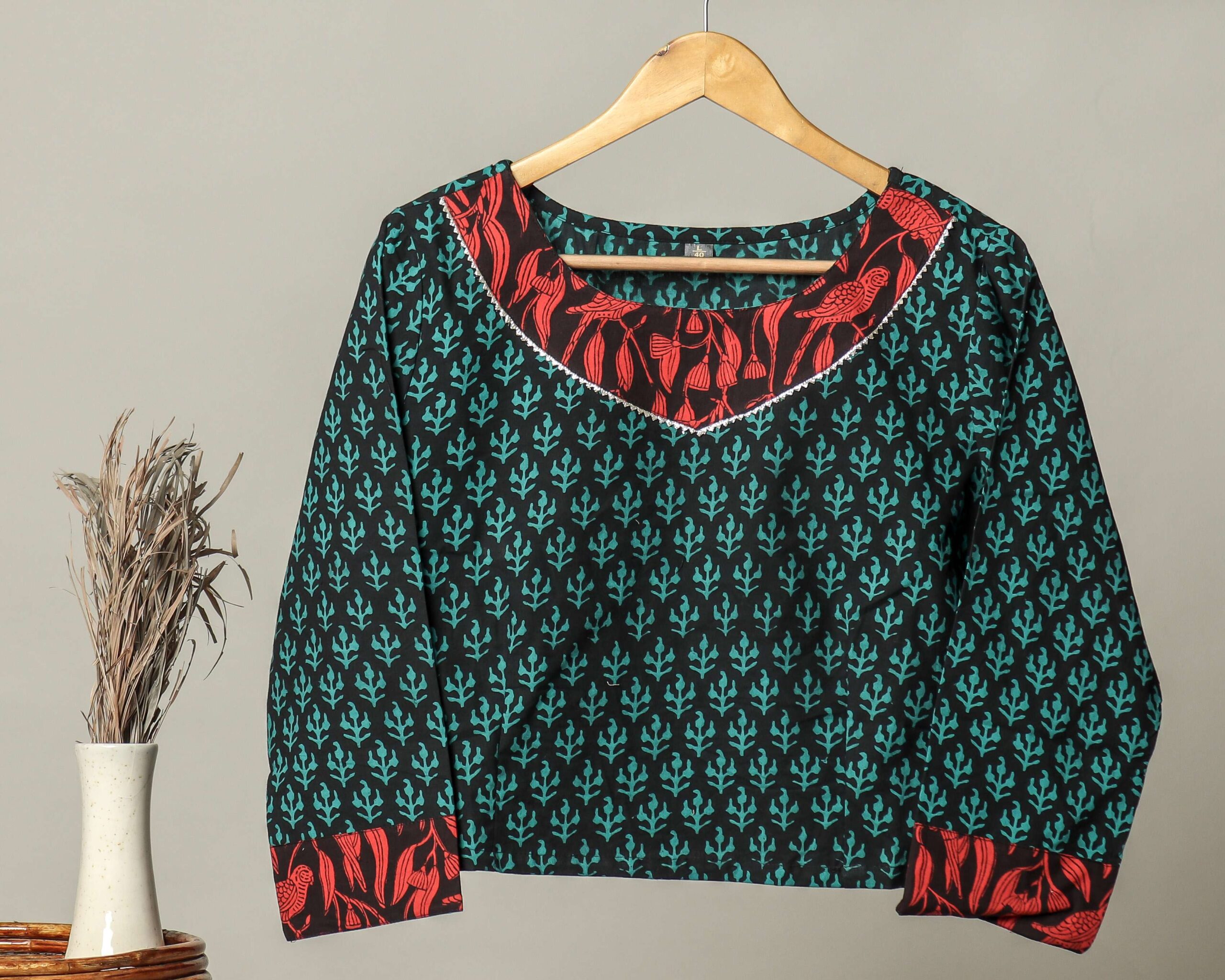 Handmade Block Print Cotton for Women ? Ethnic Floral Printed Top with Long Sleeves