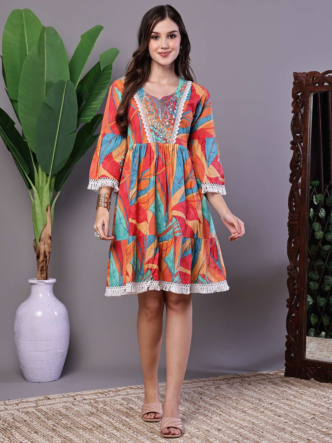 Wome's Vibrant Print Cotton Tunic Dress with Crochet Lace & Three-Quarter Sleeves Midi Dresses