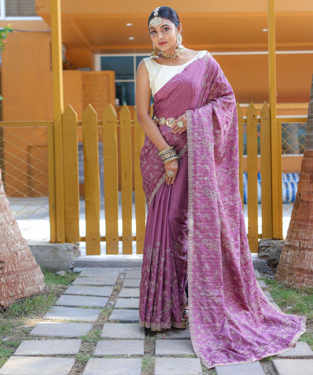 Women's Royal Prussian Blue Georgette Saree with Intricate Silver Thread & Mirror Work Embroidery – Perfect for Festive & Wedding Celebrations